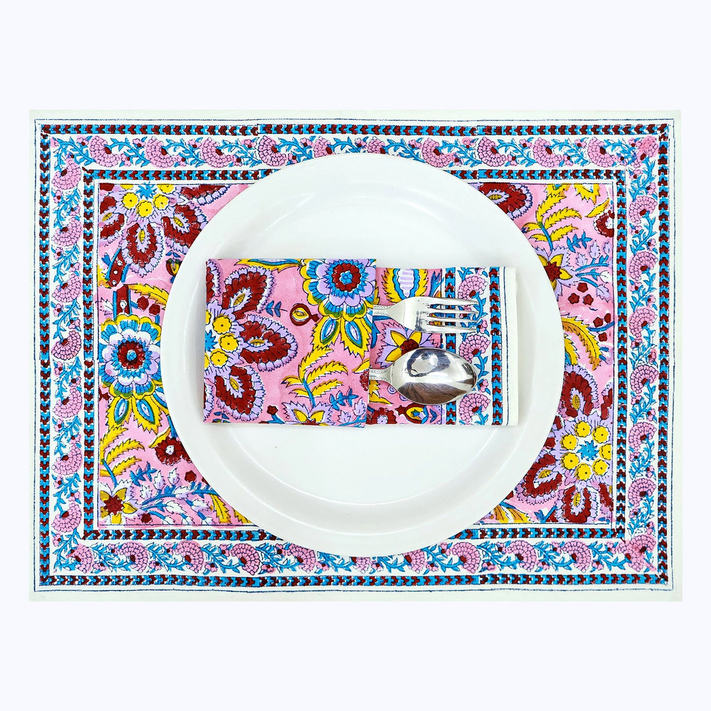 Pink and Yellow Hand Block Printed Cotton 4 Pieces Napkins Set - My Store