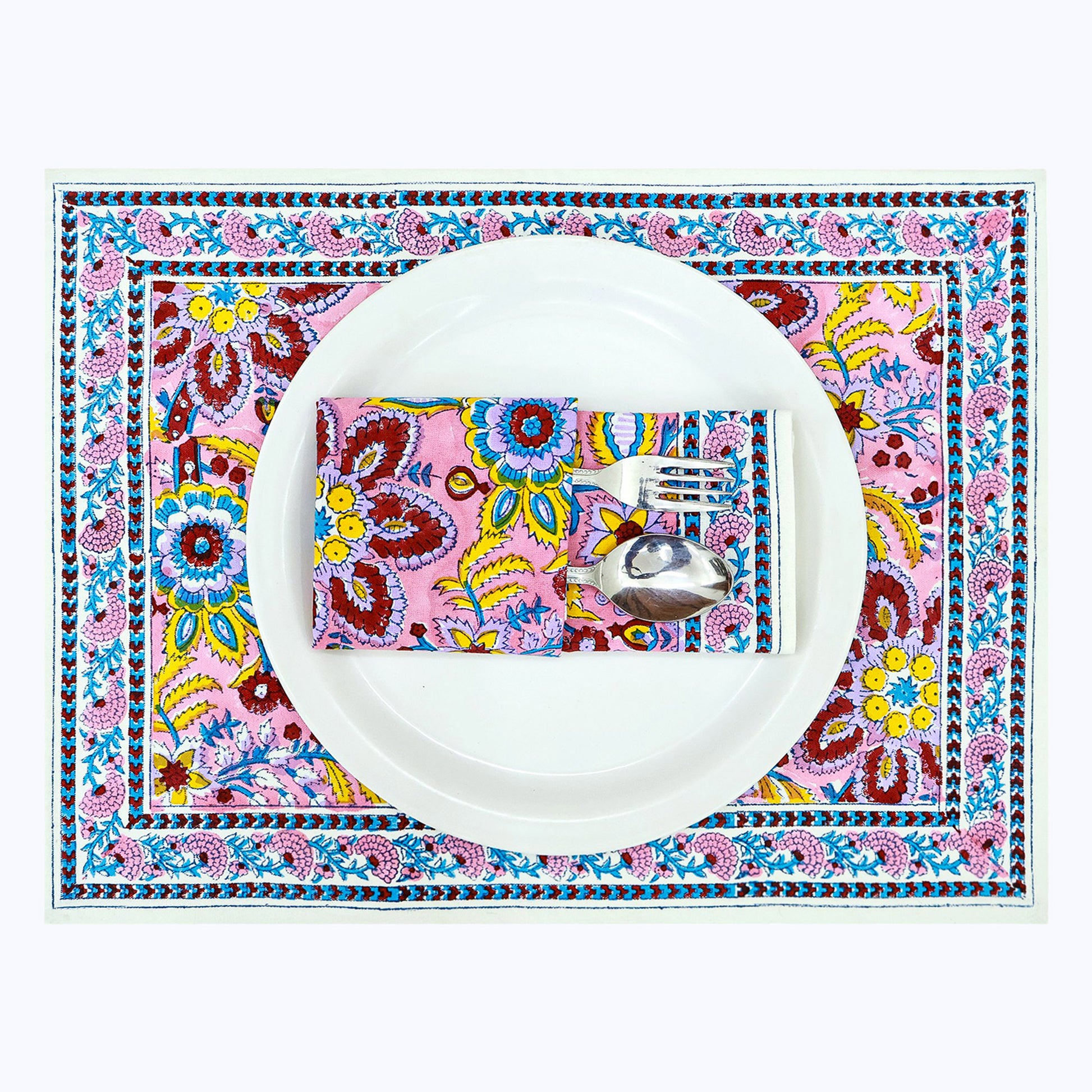 Pink and Yellow Hand Block Printed Cotton 4 Pieces Napkins Set - My Store