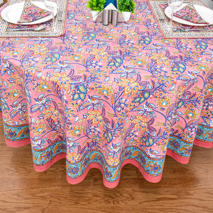 Pink & Blue Hand Block Printed Table Cover - Natural Pure Cotton Table Cloth - My Store