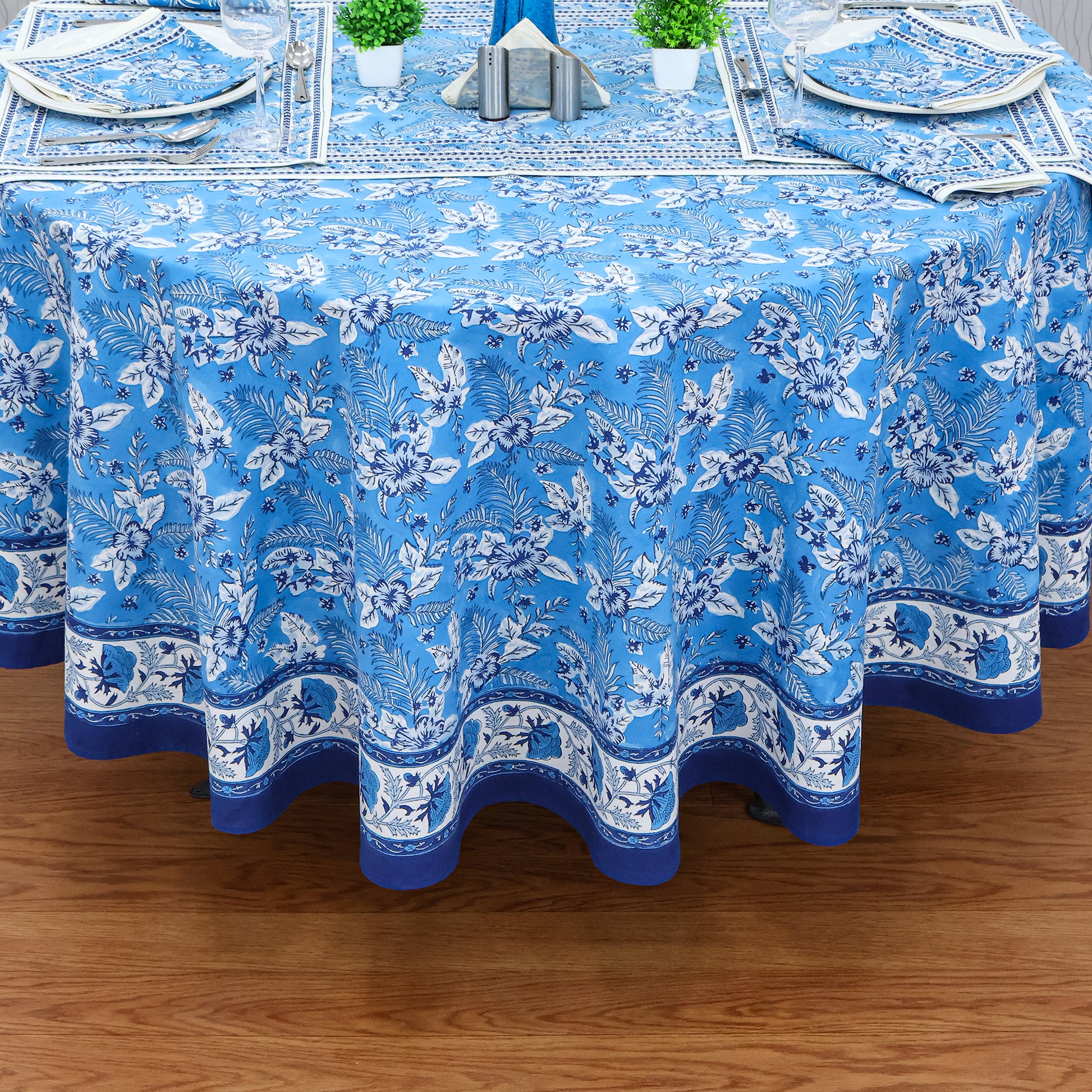 Blue & White Round Tablecloth - Housewarming Gift - Cotton Table Linens - My Store