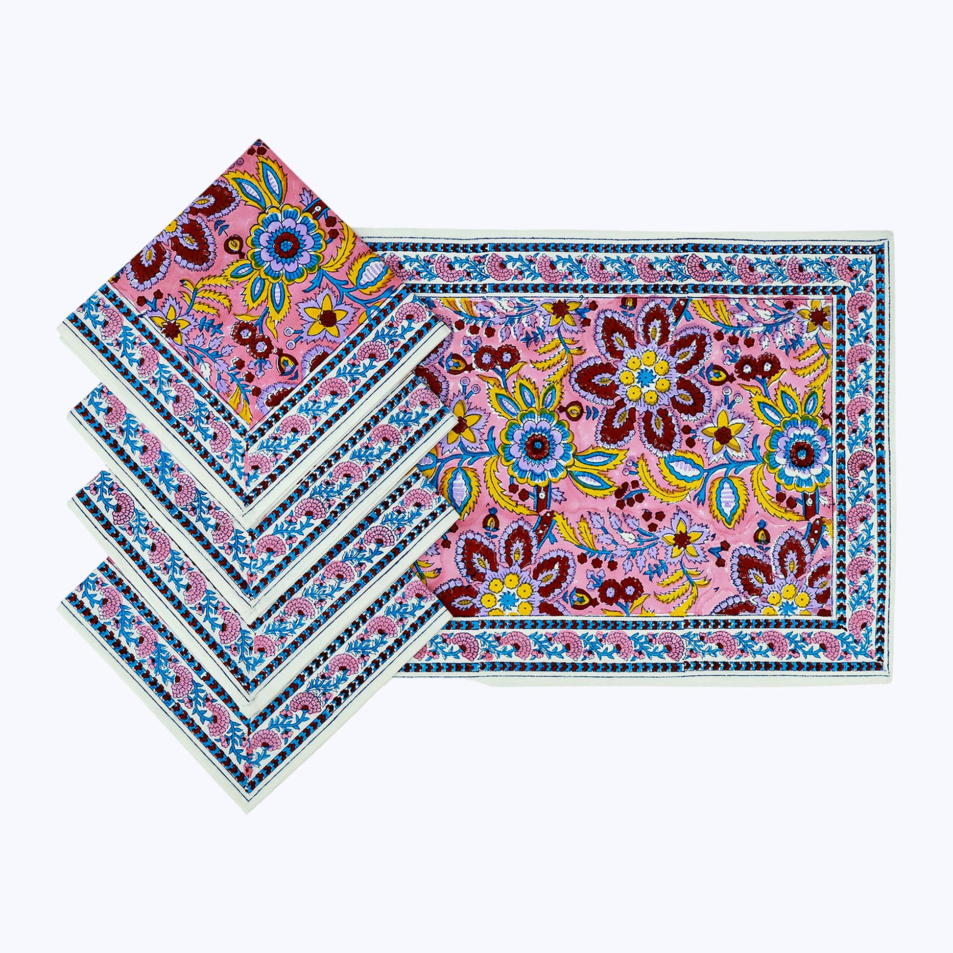Pink and Yellow Hand Block Printed Cotton 4 Pieces Napkins Set - My Store