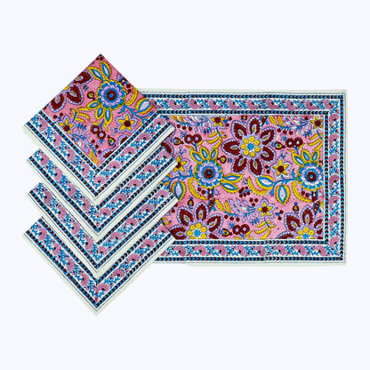 Pink and Yellow Hand Block Printed Cotton 4 Pieces Napkins Set - My Store