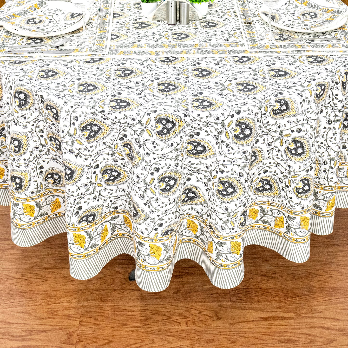 Floral Handmade Block Printed Cotton Round Tablecloth - My Store