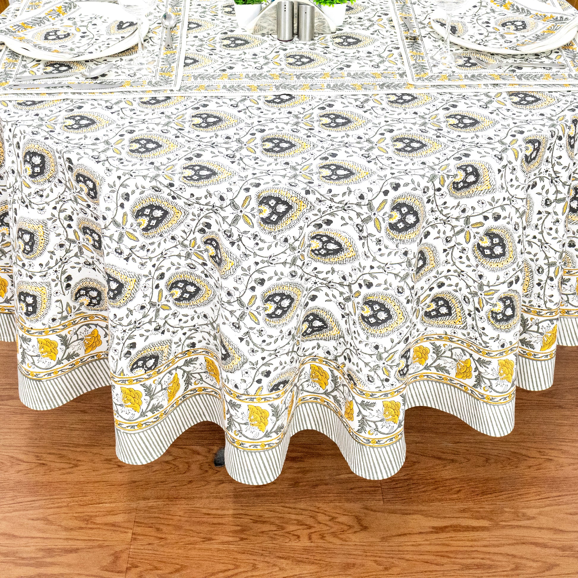 Floral Handmade Block Printed Cotton Round Tablecloth - My Store