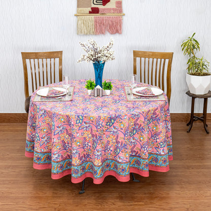 Pink & Blue Hand Block Printed Table Cover - Natural Pure Cotton Table Cloth - My Store