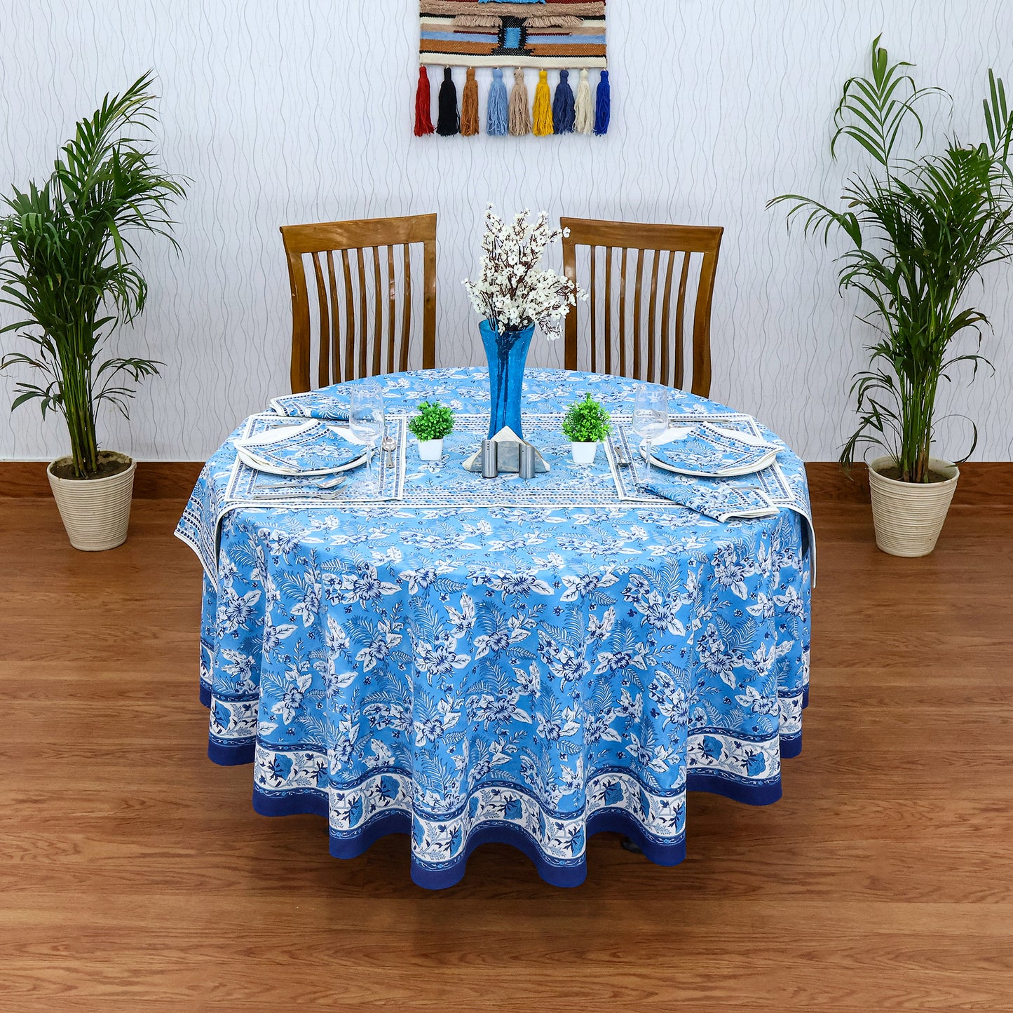 Blue & White Round Tablecloth - Housewarming Gift - Cotton Table Linens - My Store