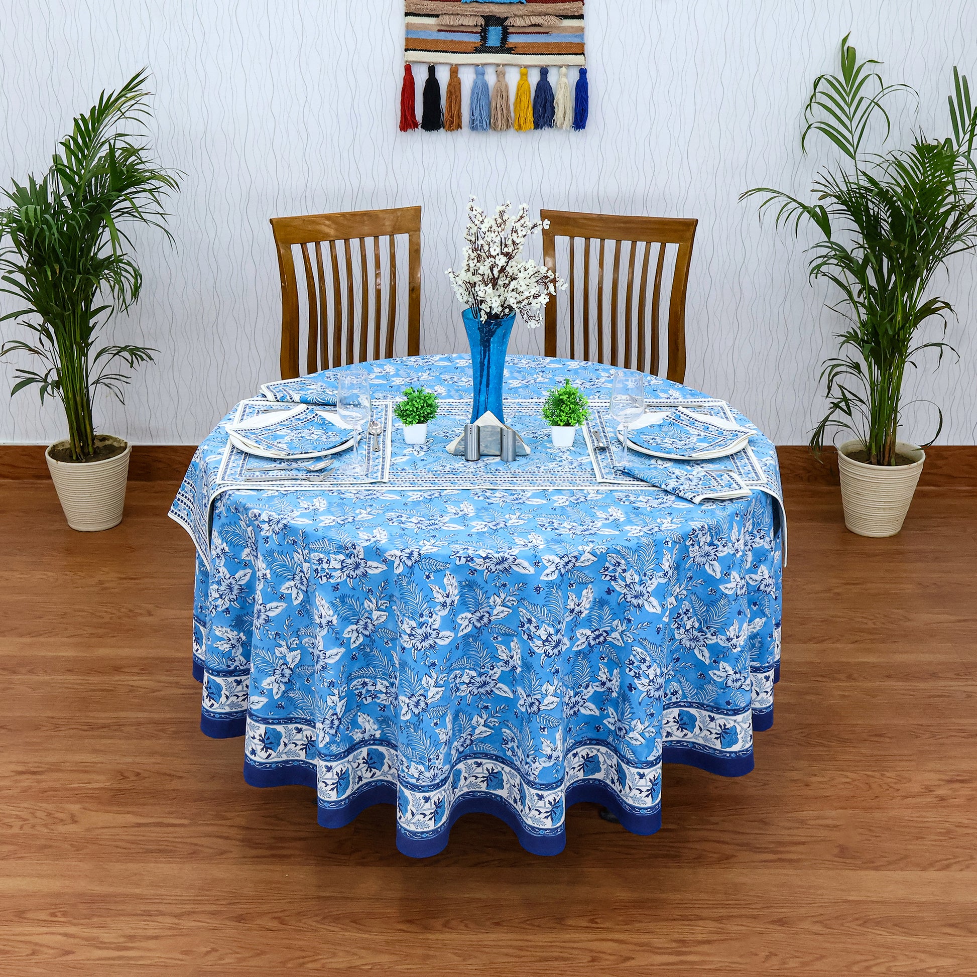 Blue & White Round Tablecloth - Housewarming Gift - Cotton Table Linens - My Store