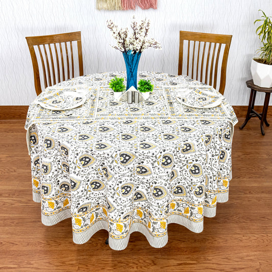 Floral Handmade Block Printed Cotton Round Tablecloth - My Store