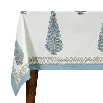 White and Blue Indian Hand Block Floral Printed Cotton Tablecloth with Border design - My Store