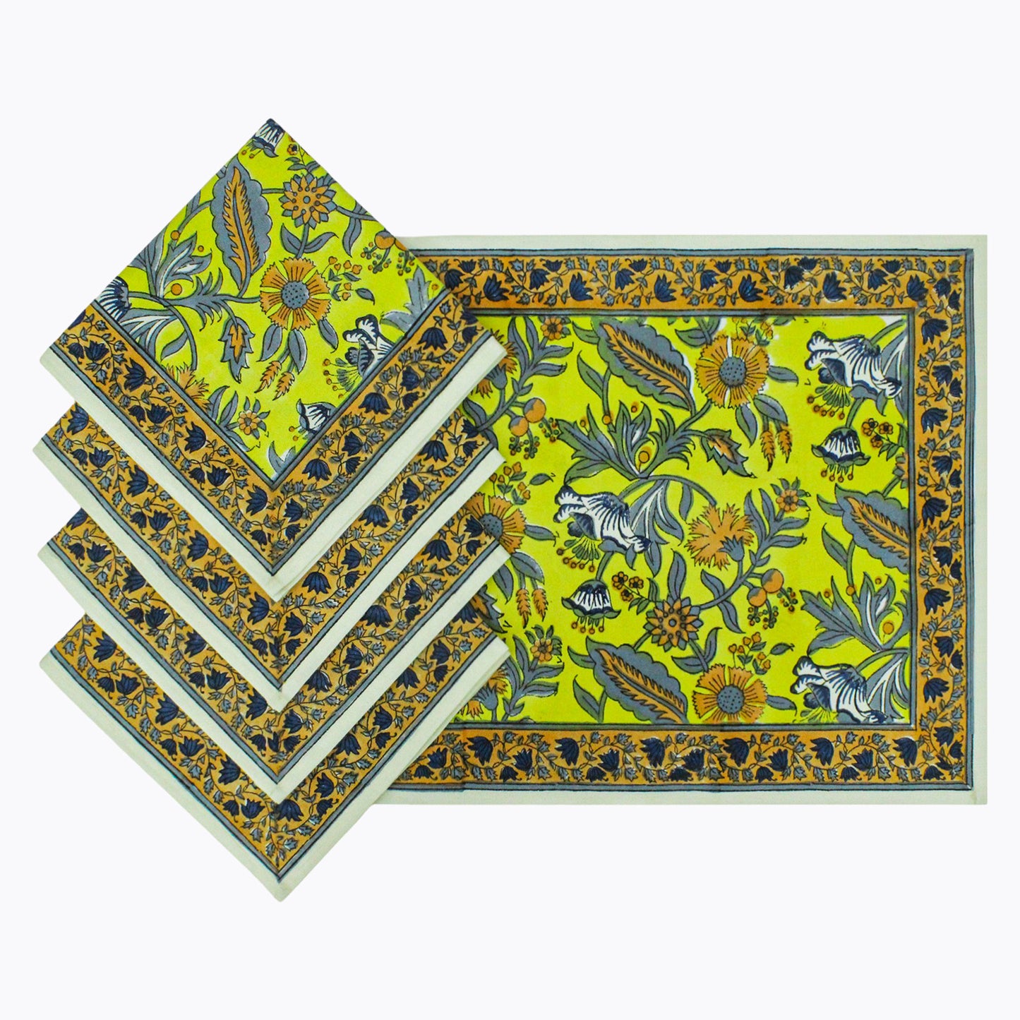 Indian Block Printed Yellow and Grey Cotton Set Of 4 Napkins - My Store