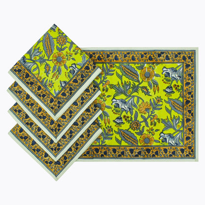 Indian Block Printed Yellow and Grey Cotton Set Of 4 Napkins - My Store