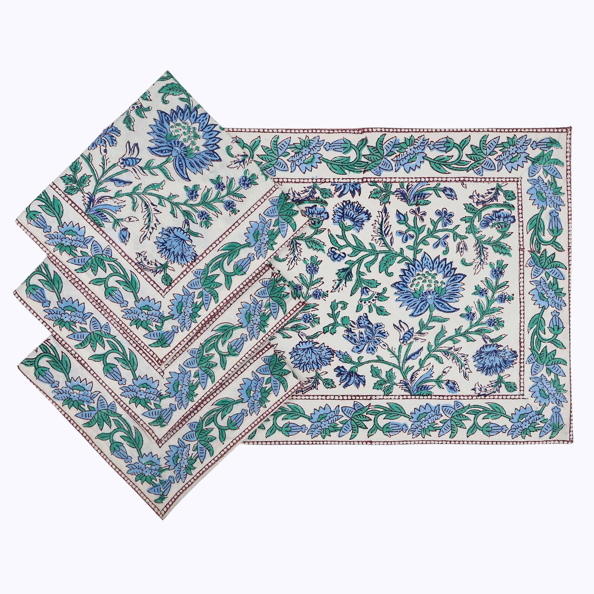 Blue and Green Handmade Block Printed Cotton Napkins Set Of 4 - My Store