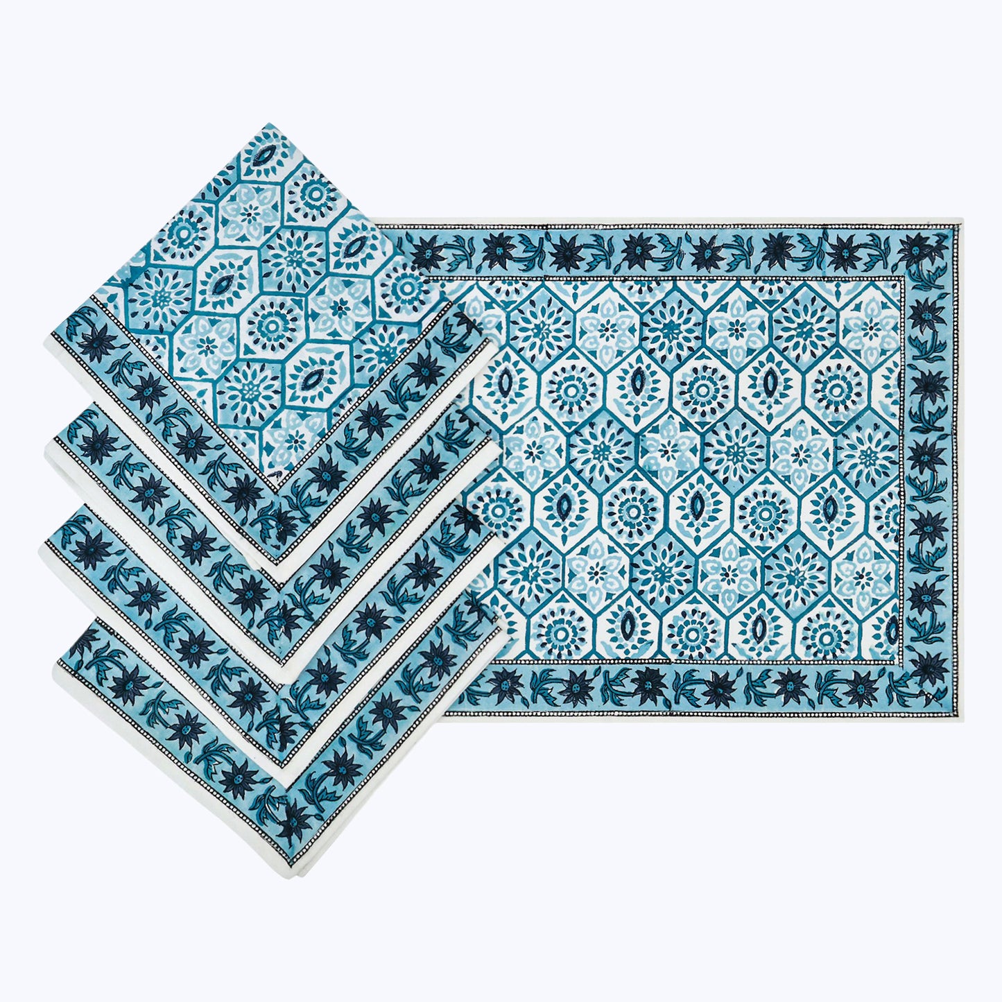 Blue and White Hand Block Printed Cotton Napkin Set Of 4 - My Store