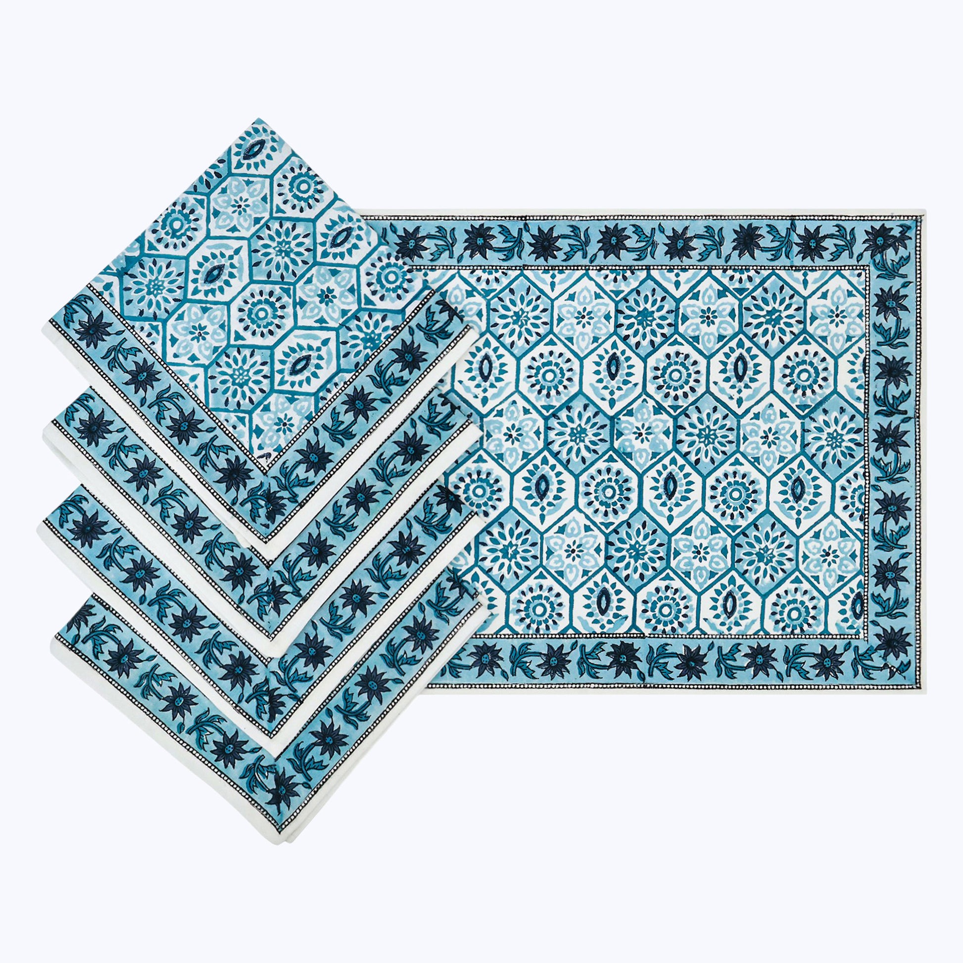 Blue and White Hand Block Printed Cotton Napkin Set Of 4 - My Store