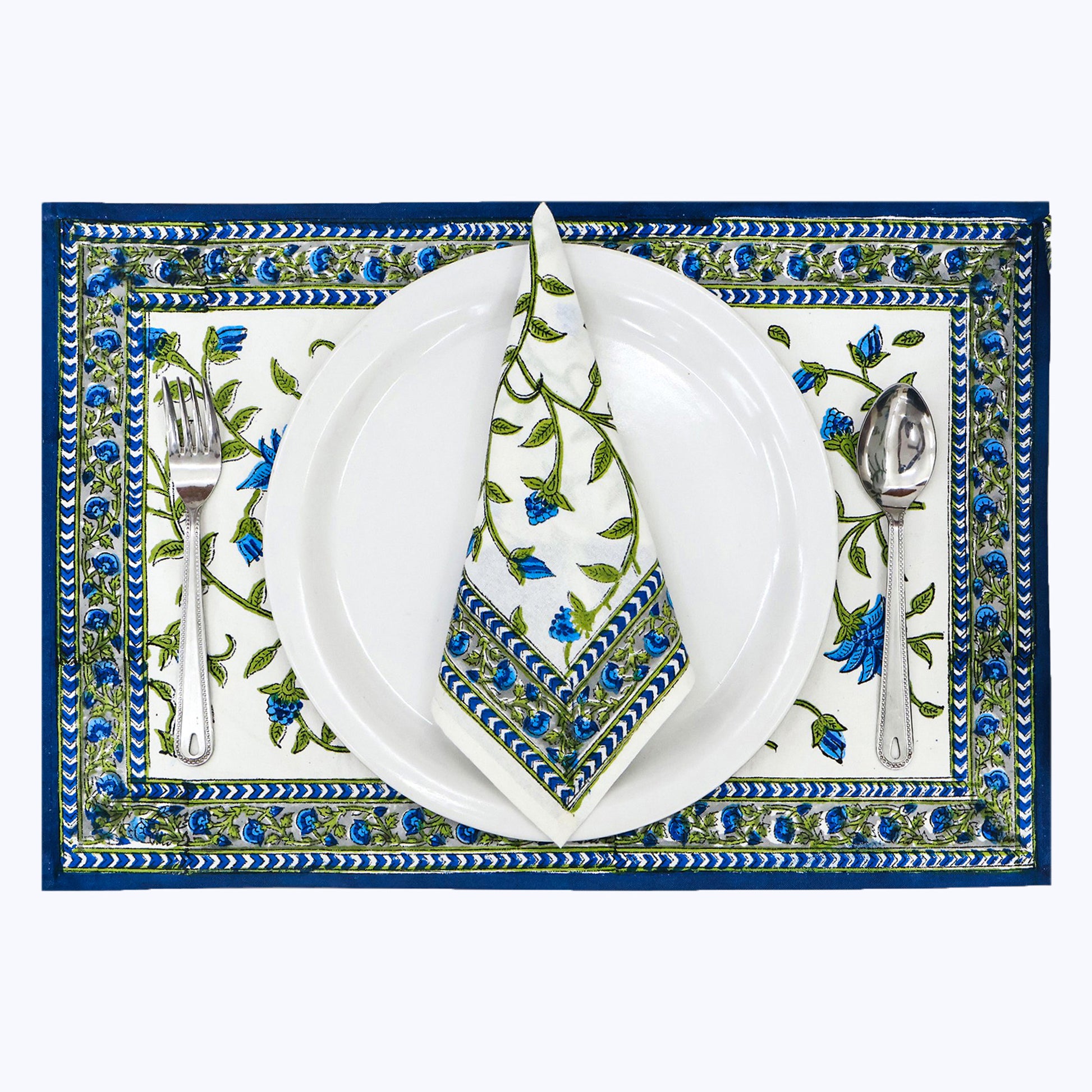 White and Green Hand Block Print Napkins Set Of 4 - My Store