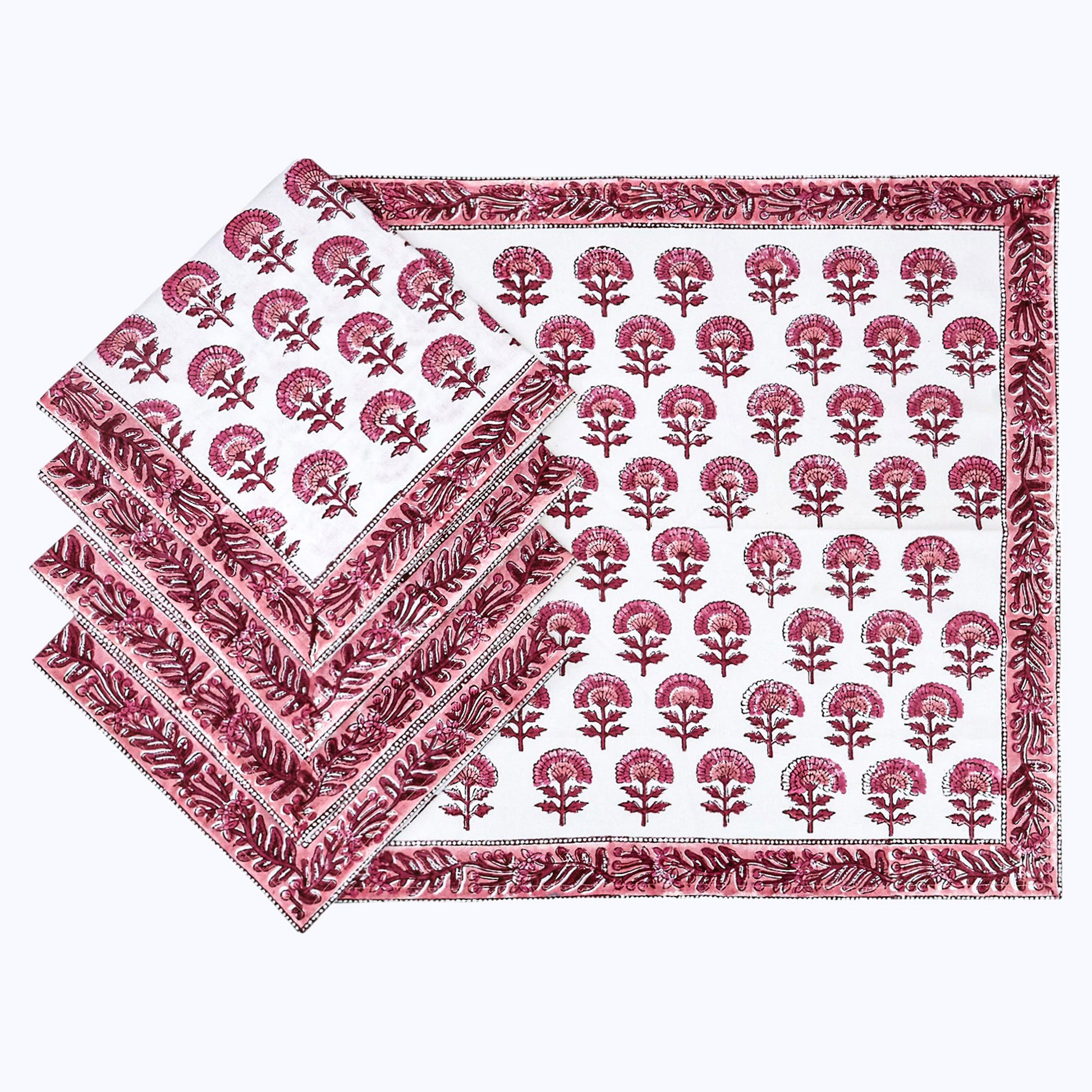 Pink and White Hand Block Printed Cotton Napkins Set Of 4 - My Store