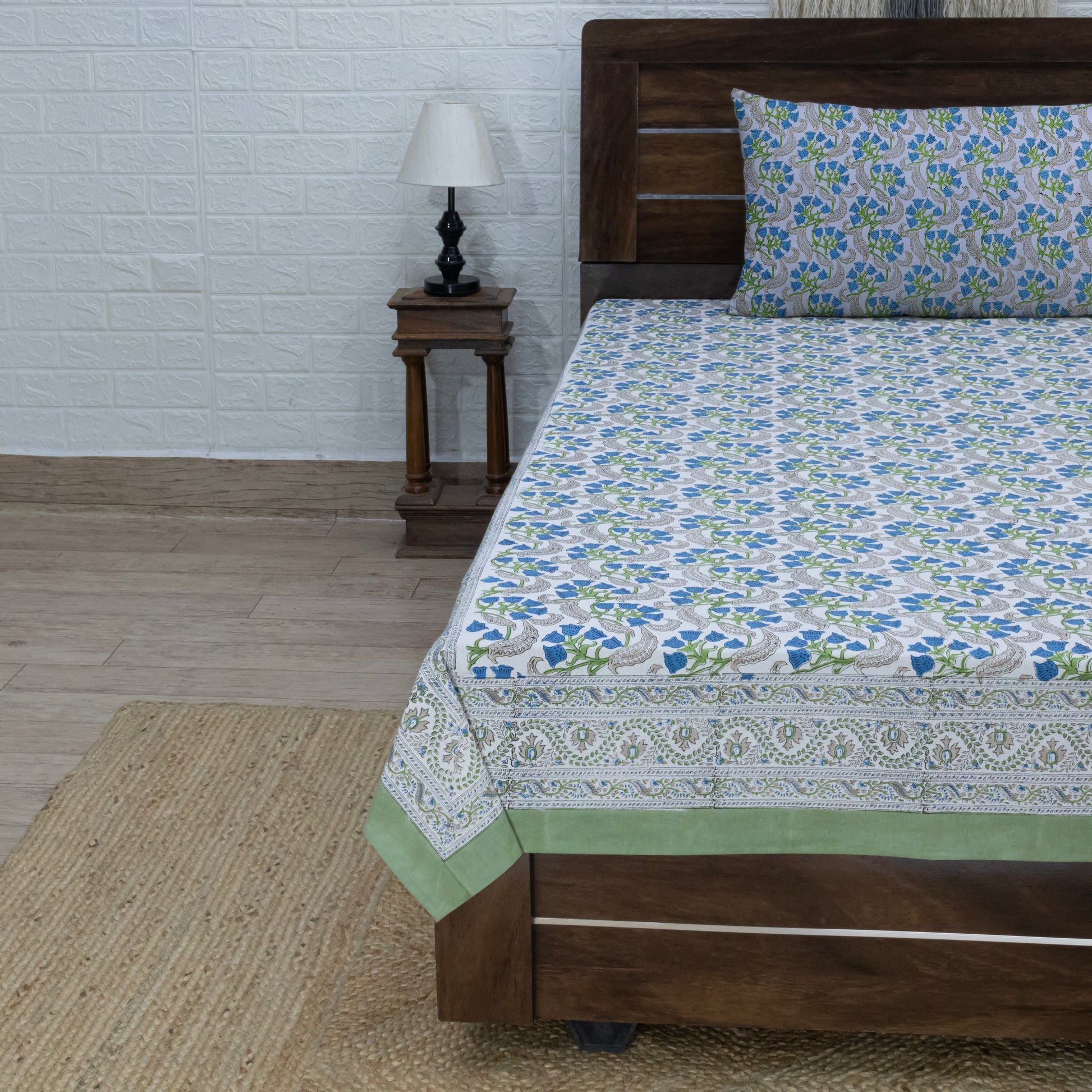 Cotton Bedsheet – Hand Block Floral Print – White & Green – King, Queen, Twin Sizes - My Store