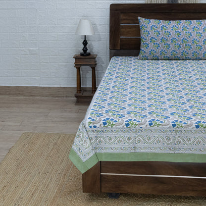 Cotton Bedsheet – Hand Block Floral Print – White & Green – King, Queen, Twin Sizes - My Store