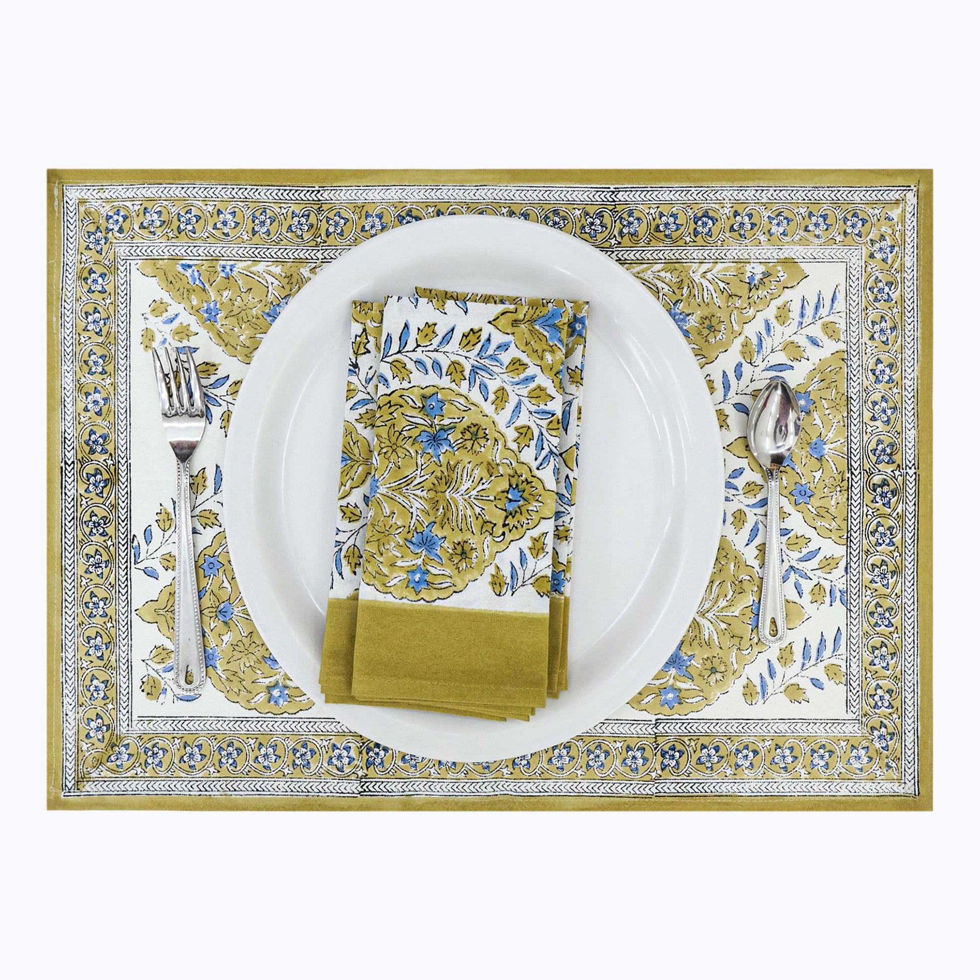 Green Handmade Block Printed Cotton Napkins Set Of 4 - My Store