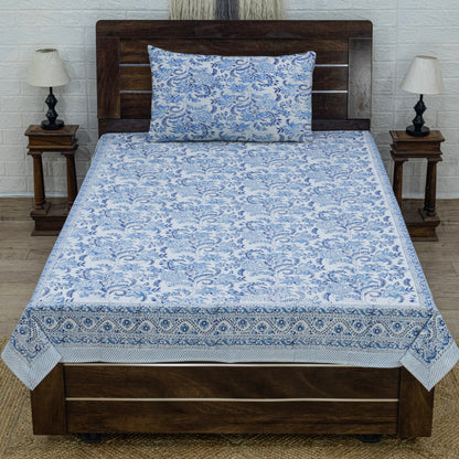 Indian Handmade Block Printed Blue and White Floral Pattern Cotton Bed sheet For living Room, Kids Room - My Store