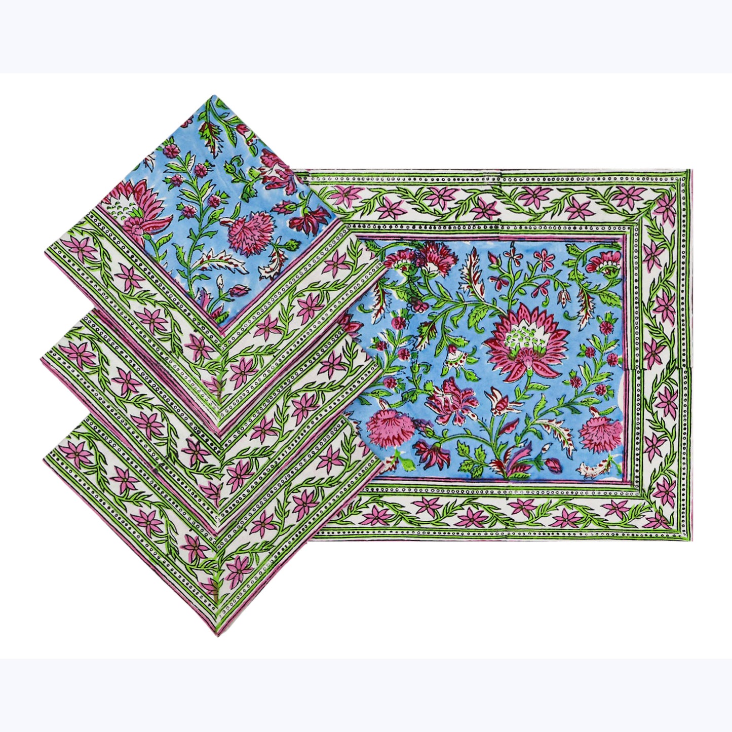 Blue and Pink Hand Block Printed Cotton Napkins Set Of 4 - My Store