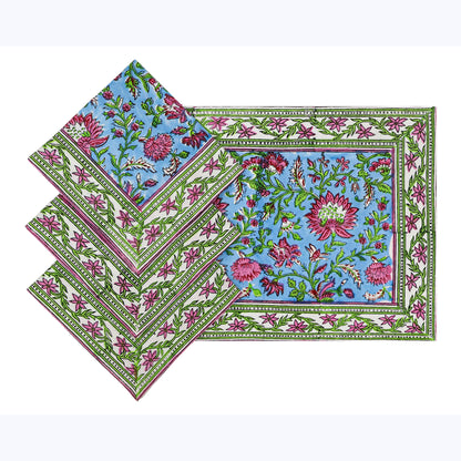 Blue and Pink Hand Block Printed Cotton Napkins Set Of 4 - My Store