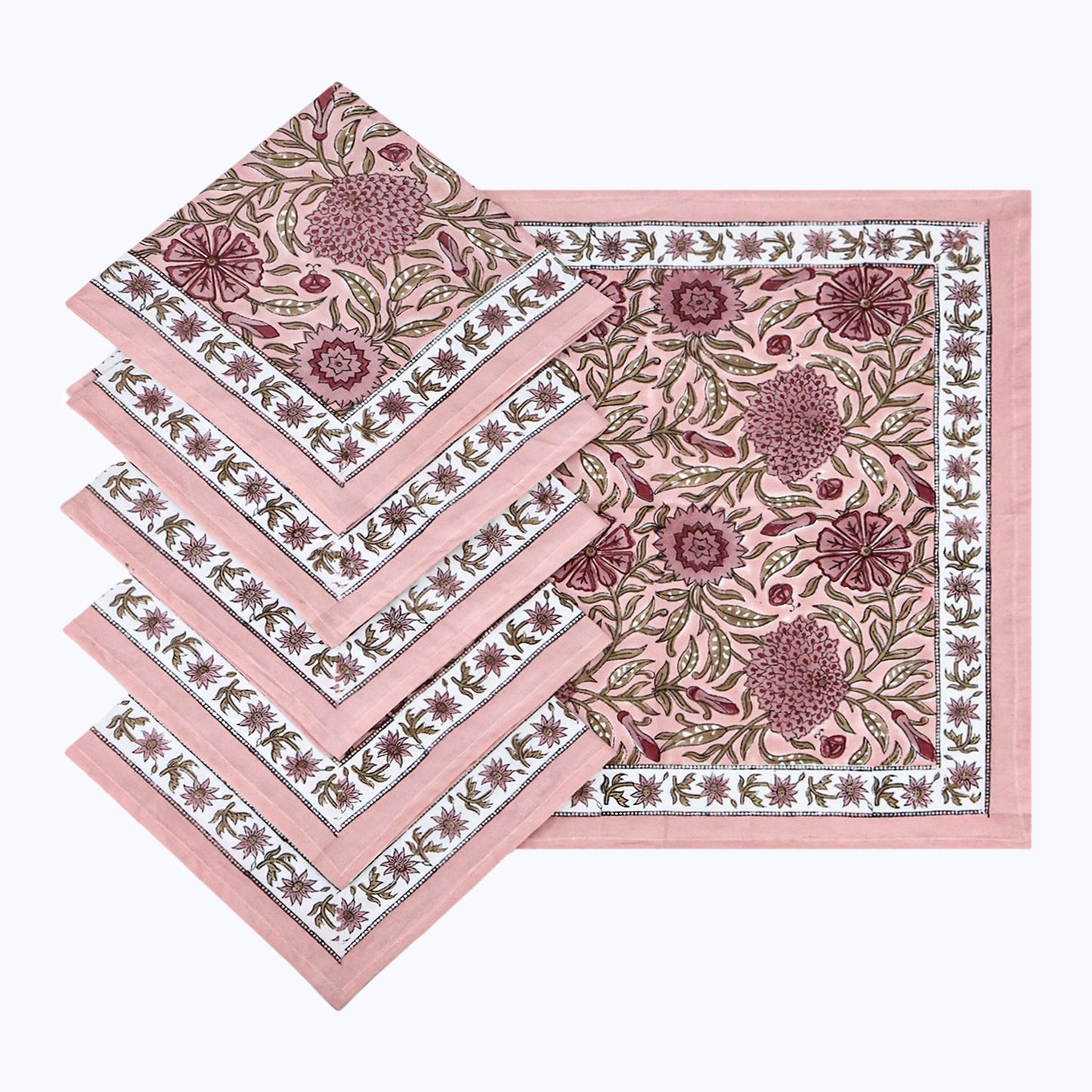 Pink Handmade Block Printed Cotton Napkins Set Of 4 Pieces - My Store