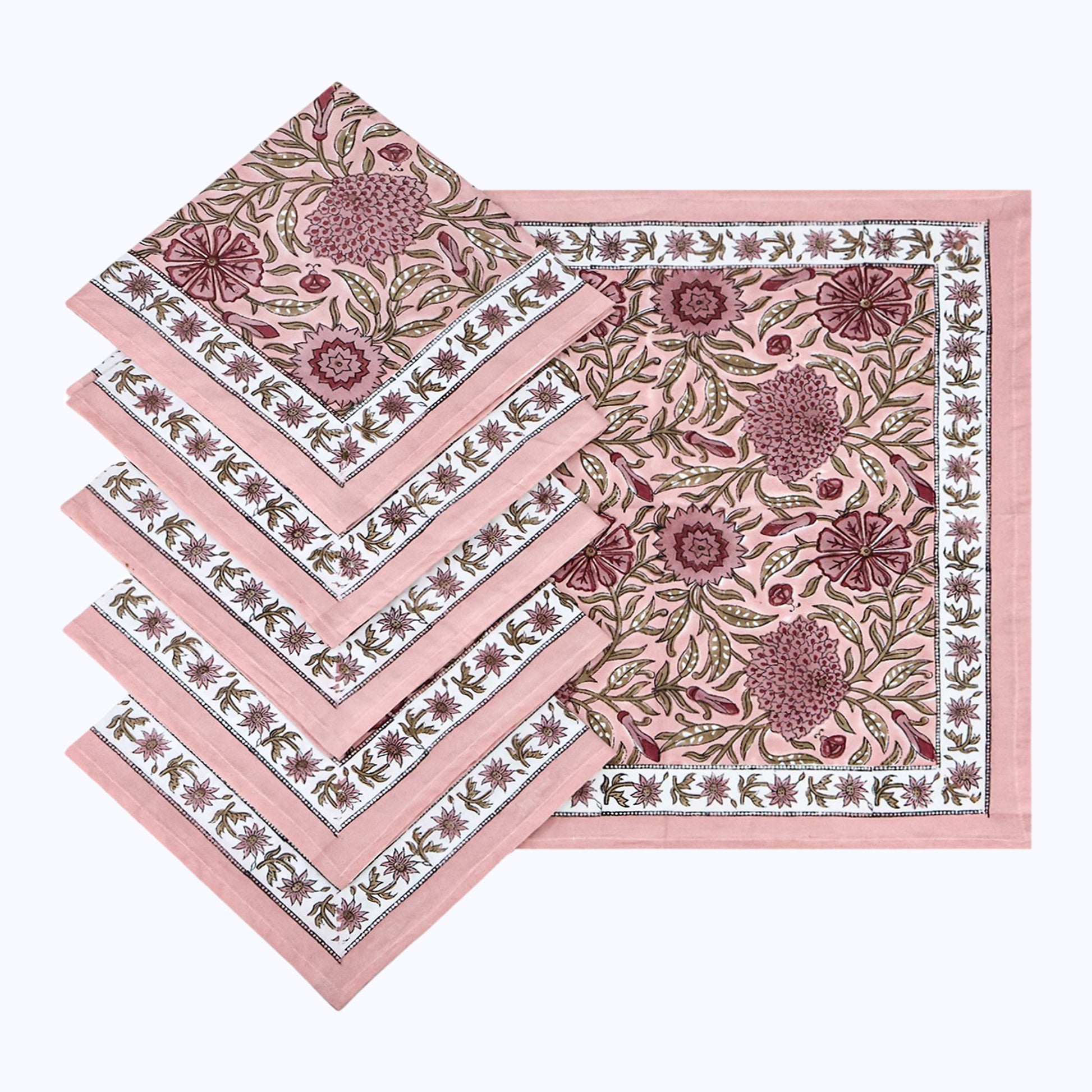 Pink Handmade Block Printed Cotton Napkins Set Of 4 Pieces - My Store