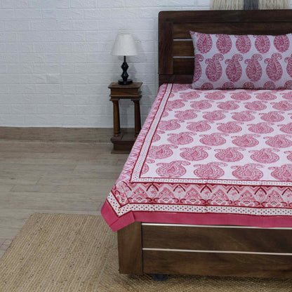 Cotton Bedsheet – Hand Block Floral Print – Red & White – King, Queen, Twin Sizes - My Store