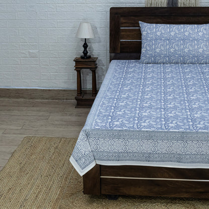 Cotton Bedsheet – Hand Block Floral Print – Blue and White – King, Queen, Twin Sizes - My Store