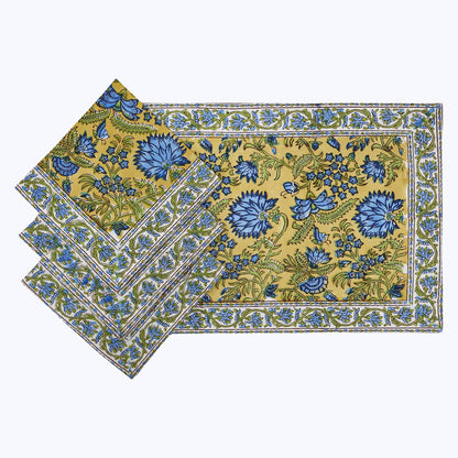 Yellow and Blue Hand Block Printed Cotton Napkins - My Store