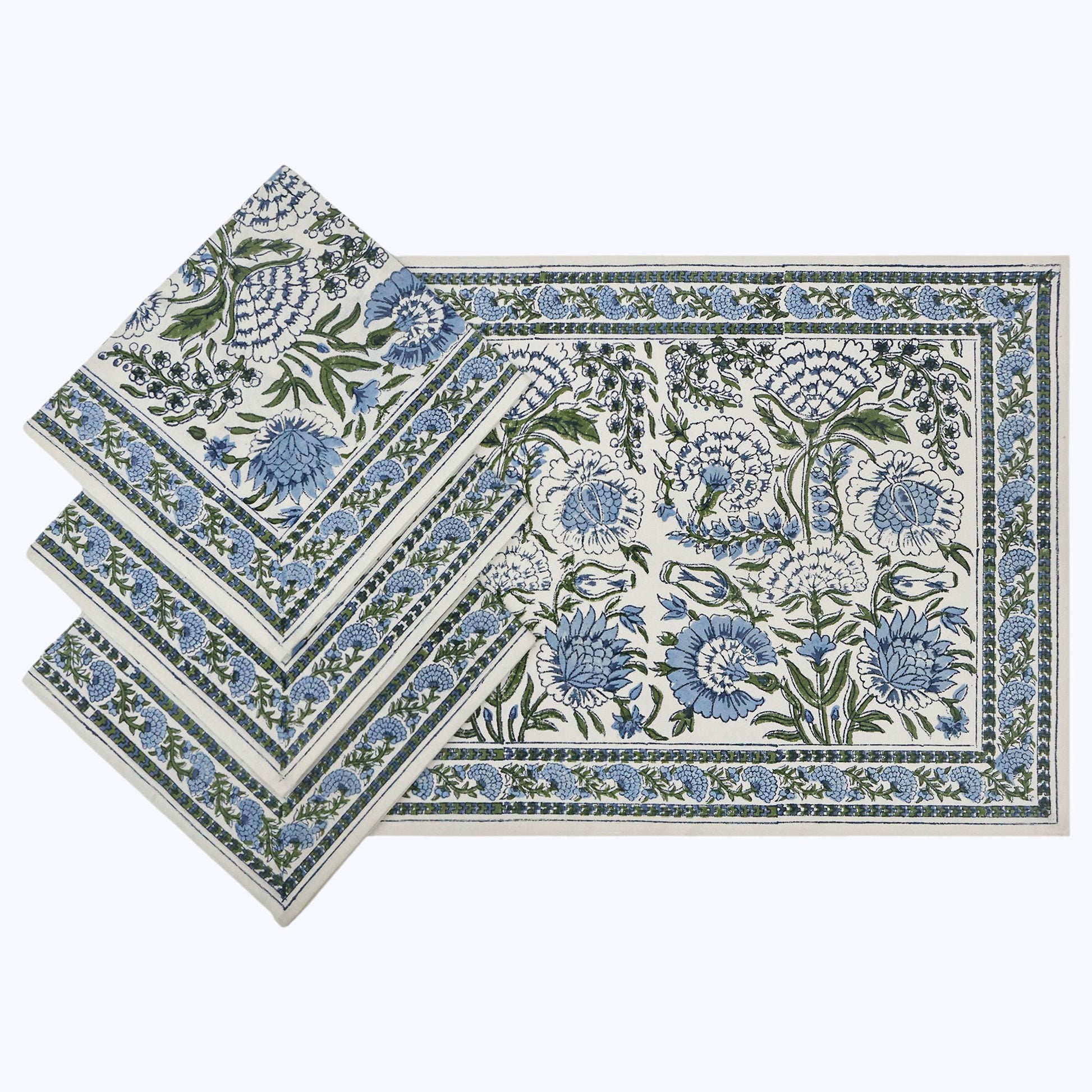 Blue and White Hand Block Printed Floral Set Of 4 Napkins - My Store