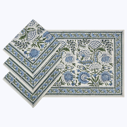 Blue and White Hand Block Printed Floral Set Of 4 Napkins - My Store