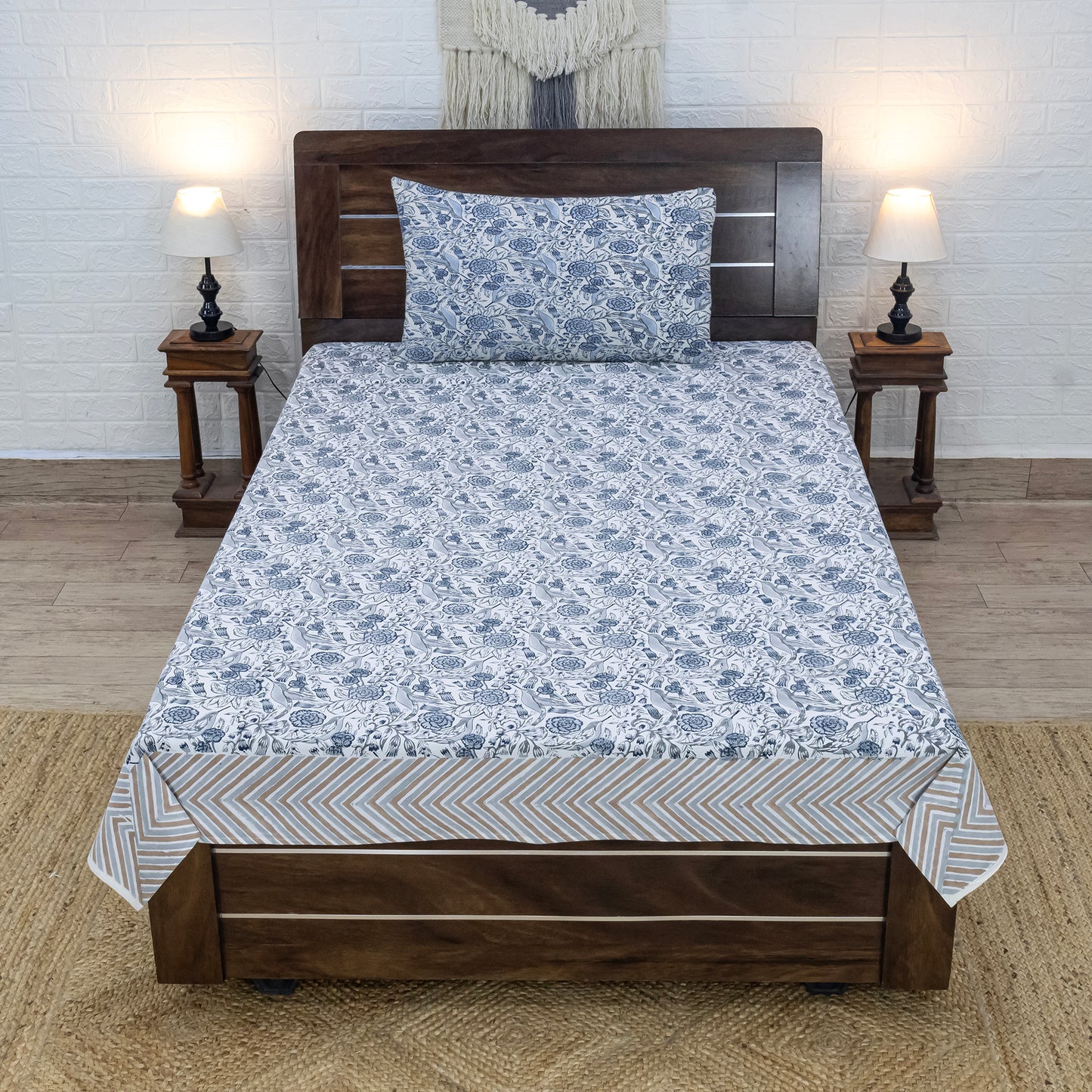 Indian Handmade Block Printed White and Gray Floral Pattern Cotton Bed sheet For living Room, Kids Room - My Store