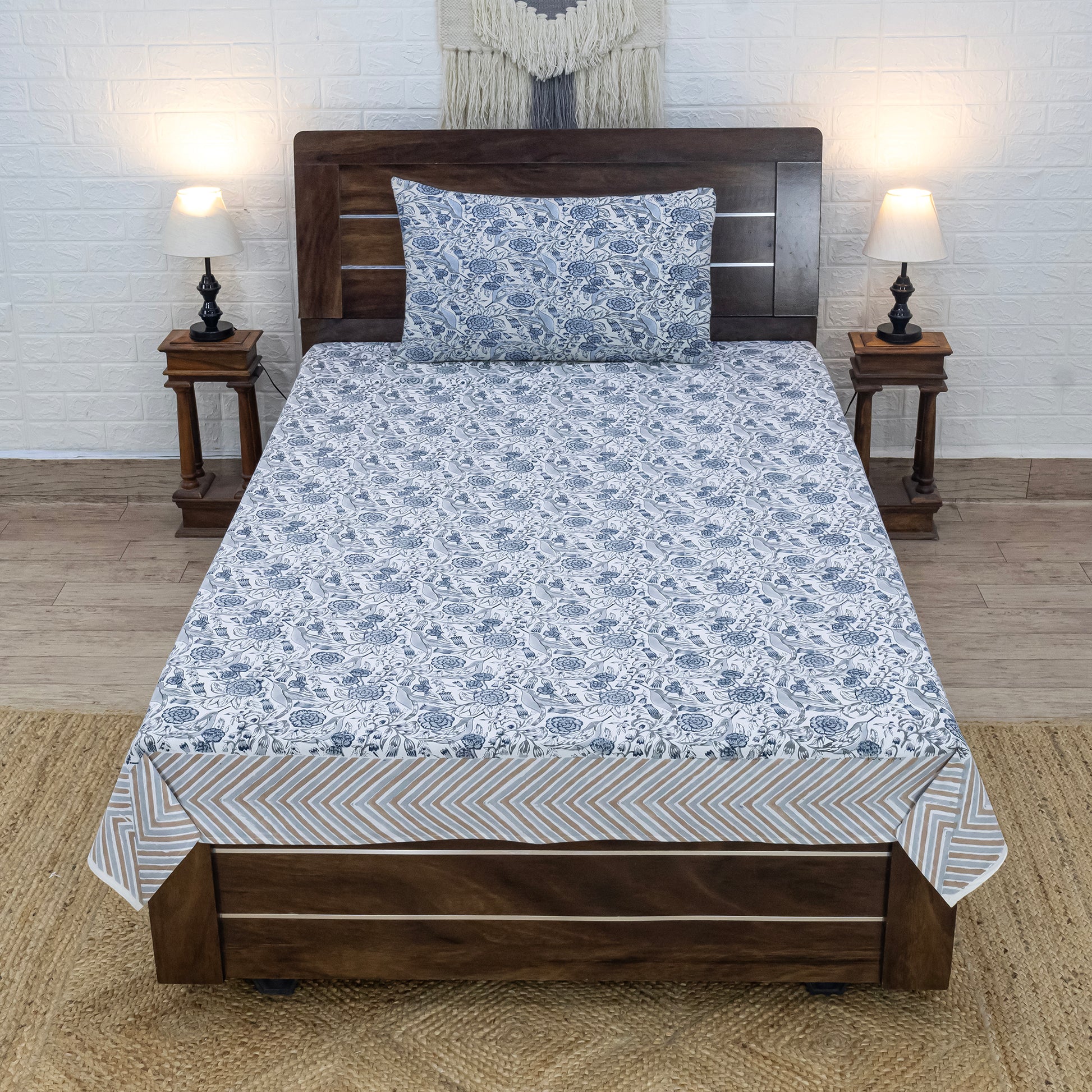 Indian Handmade Block Printed White and Gray Floral Pattern Cotton Bed sheet For living Room, Kids Room - My Store