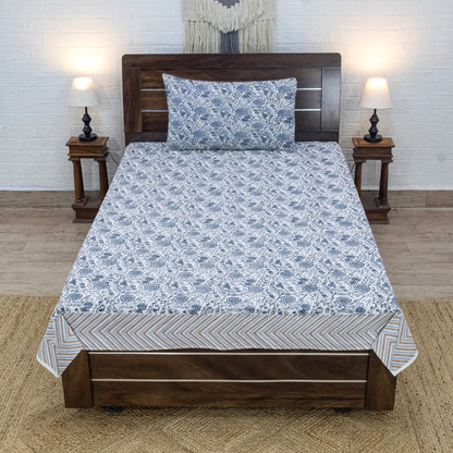 Indian Handmade Block Printed White and Gray Floral Pattern Cotton Bed sheet For living Room, Kids Room - My Store