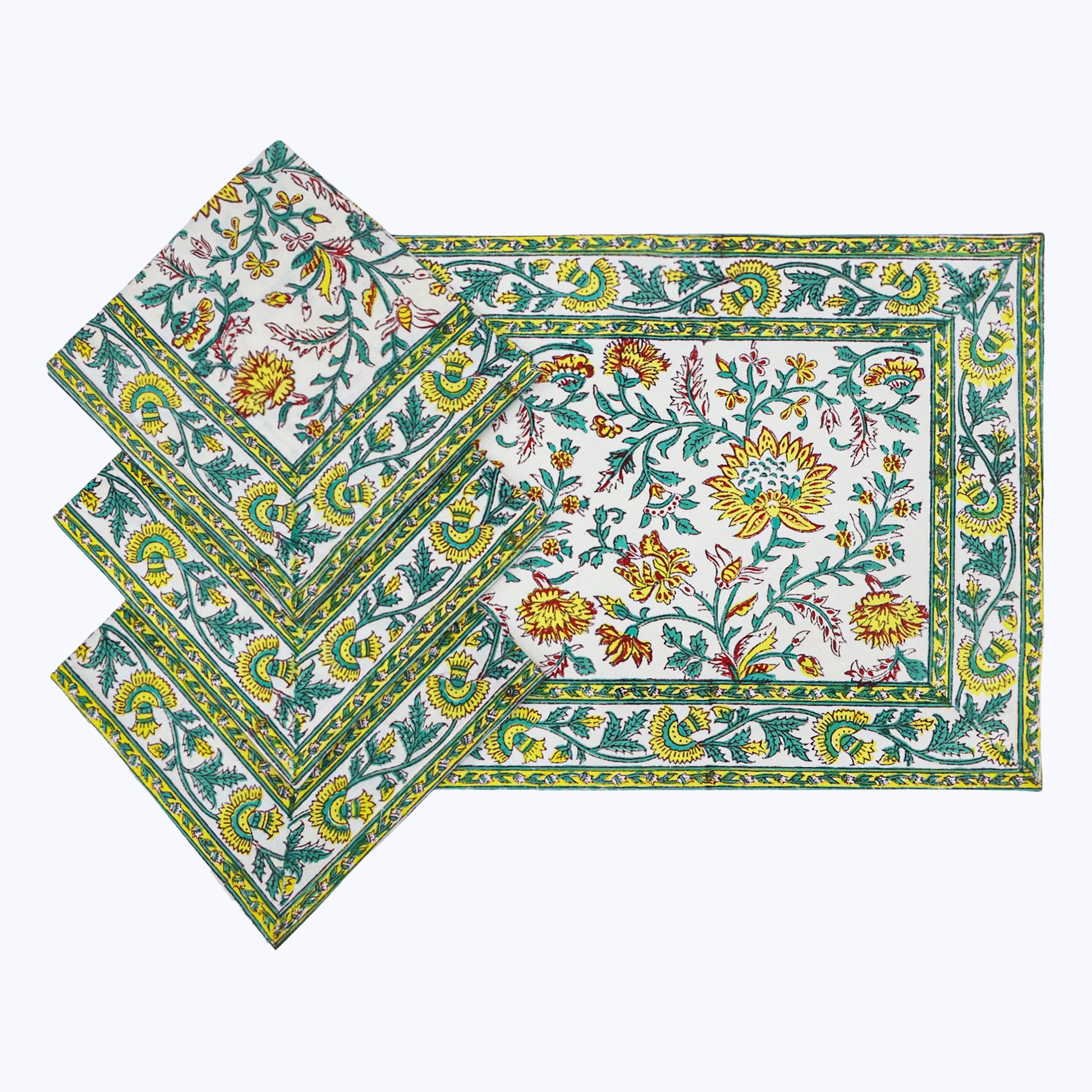 Green and Yellow Handmade Block Printed Cotton Napkins Set Of 4 - My Store