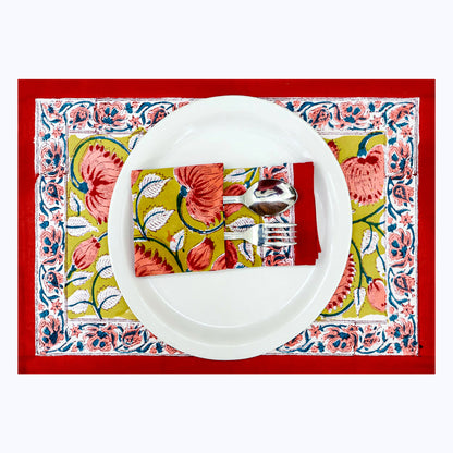 Red and Yellow Hand Block Printed Cotton Napkins 4 Pieces - My Store