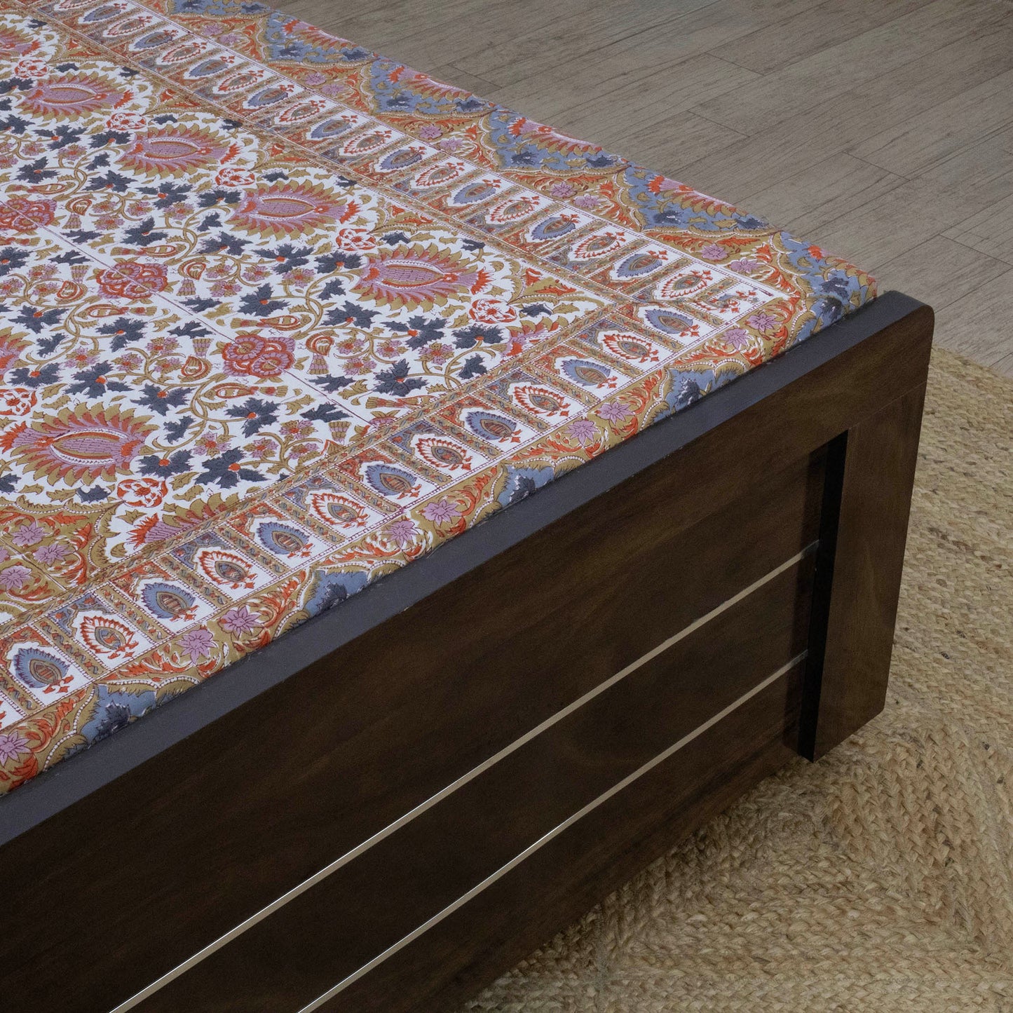 Indian Handmade Block Printed Orange and Multicolor Floral Pattern Cotton Bed sheet For living Room, Kids Room - My Store