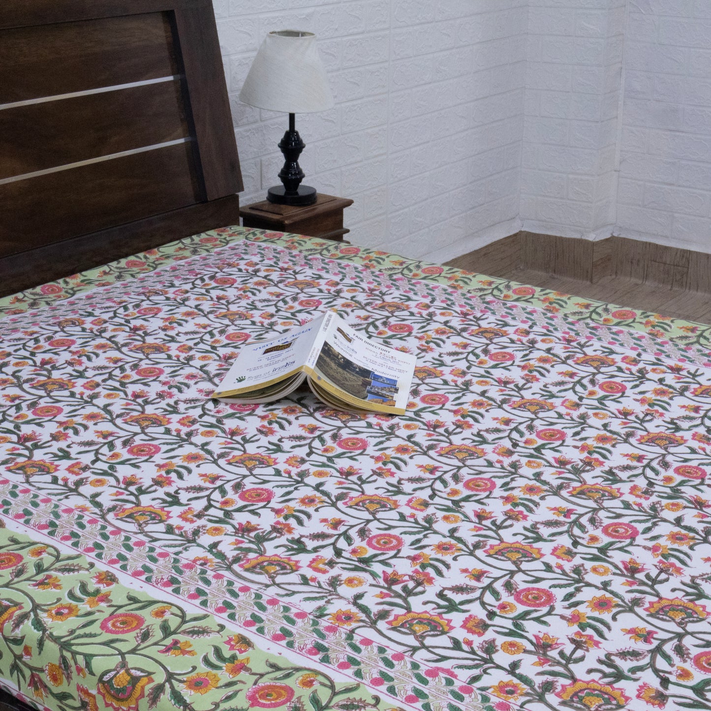 Cotton Bedsheet – Hand Block Floral Print – Green and Multicolor – King, Queen, Twin Sizes - My Store