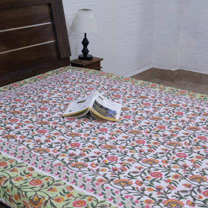 Cotton Bedsheet – Hand Block Floral Print – Green and Multicolor – King, Queen, Twin Sizes - My Store