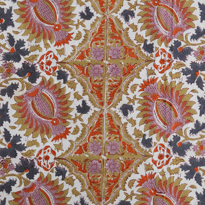 Indian Handmade Block Printed Orange and Multicolor Floral Pattern Cotton Bed sheet For living Room, Kids Room - My Store