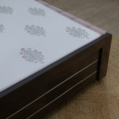 Cotton Bedsheet – Hand Block Floral Print – White & Pink – King, Queen, Twin Sizes - My Store