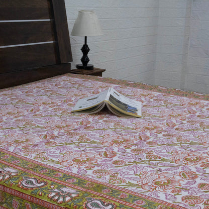 Cotton Bedsheet – Hand Block Floral Print – Pink & Brown – King, Queen, Twin Sizes - My Store