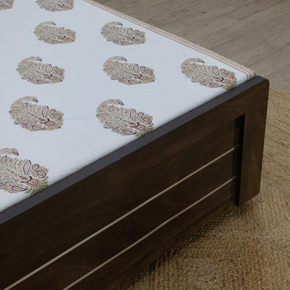 Cotton Bedsheet – Hand Block Floral Print – White & Green – King, Queen, Twin Sizes - My Store