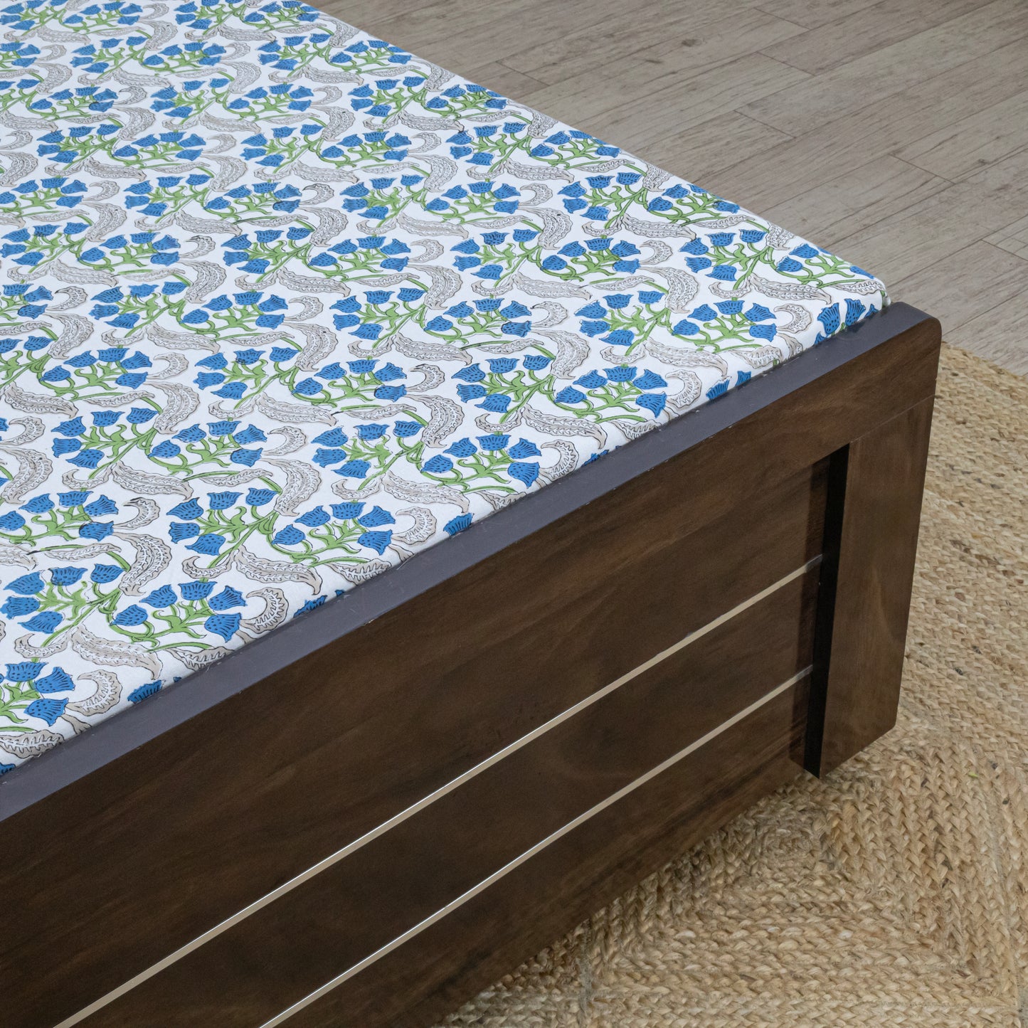 Cotton Bedsheet – Hand Block Floral Print – White & Green – King, Queen, Twin Sizes - My Store