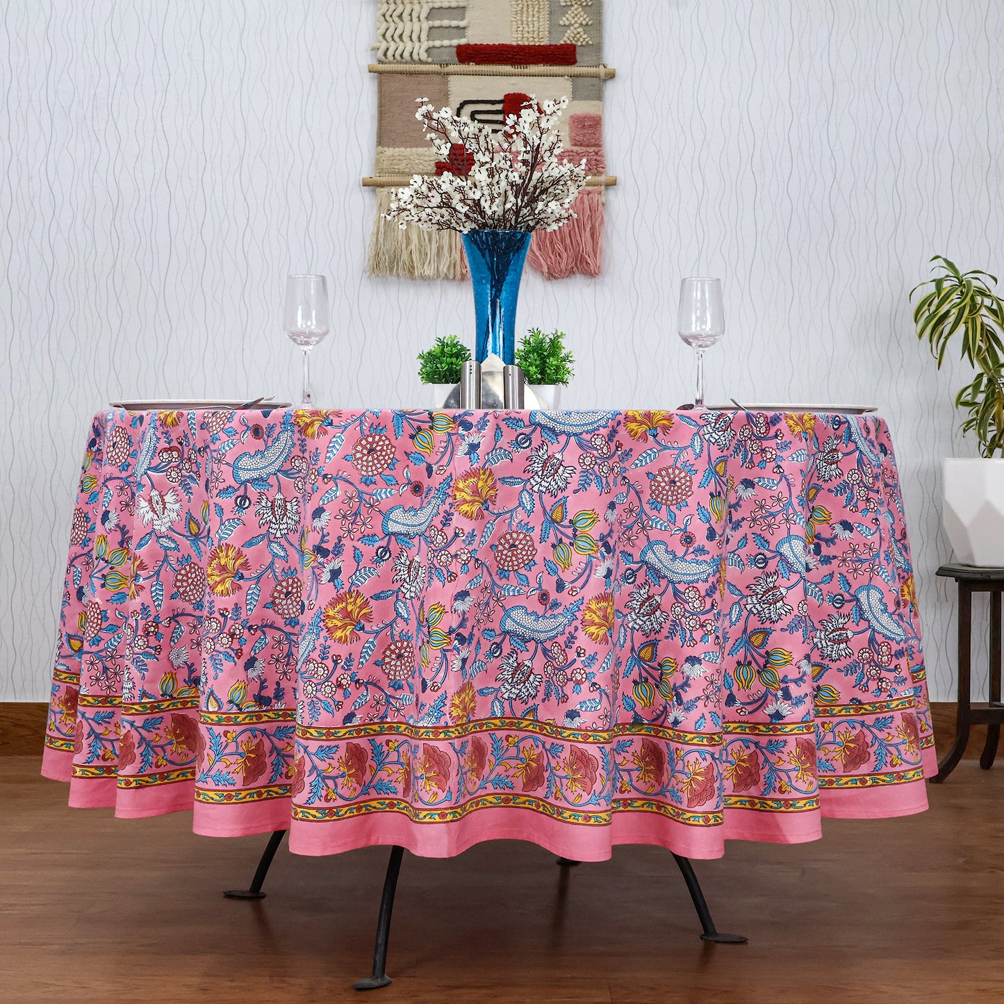 Pink and Blue Handmade Block Printed Round Tablecloth - My Store