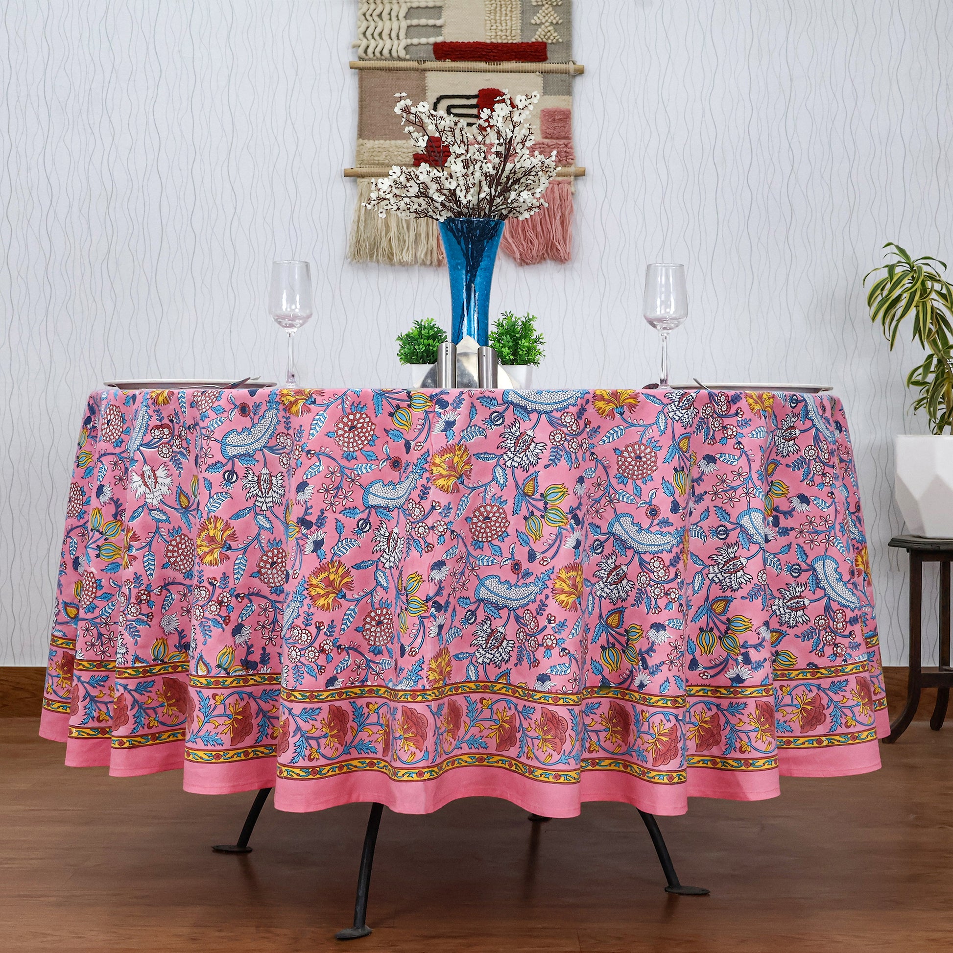 Pink and Blue Handmade Block Printed Round Tablecloth - My Store