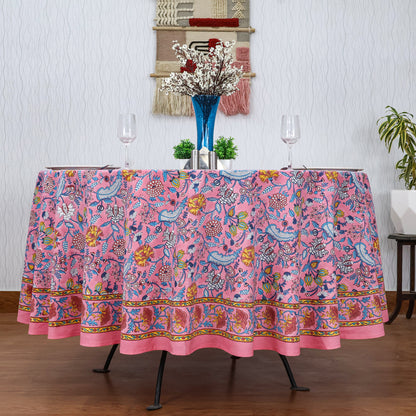 Pink and Blue Handmade Block Printed Round Tablecloth - My Store