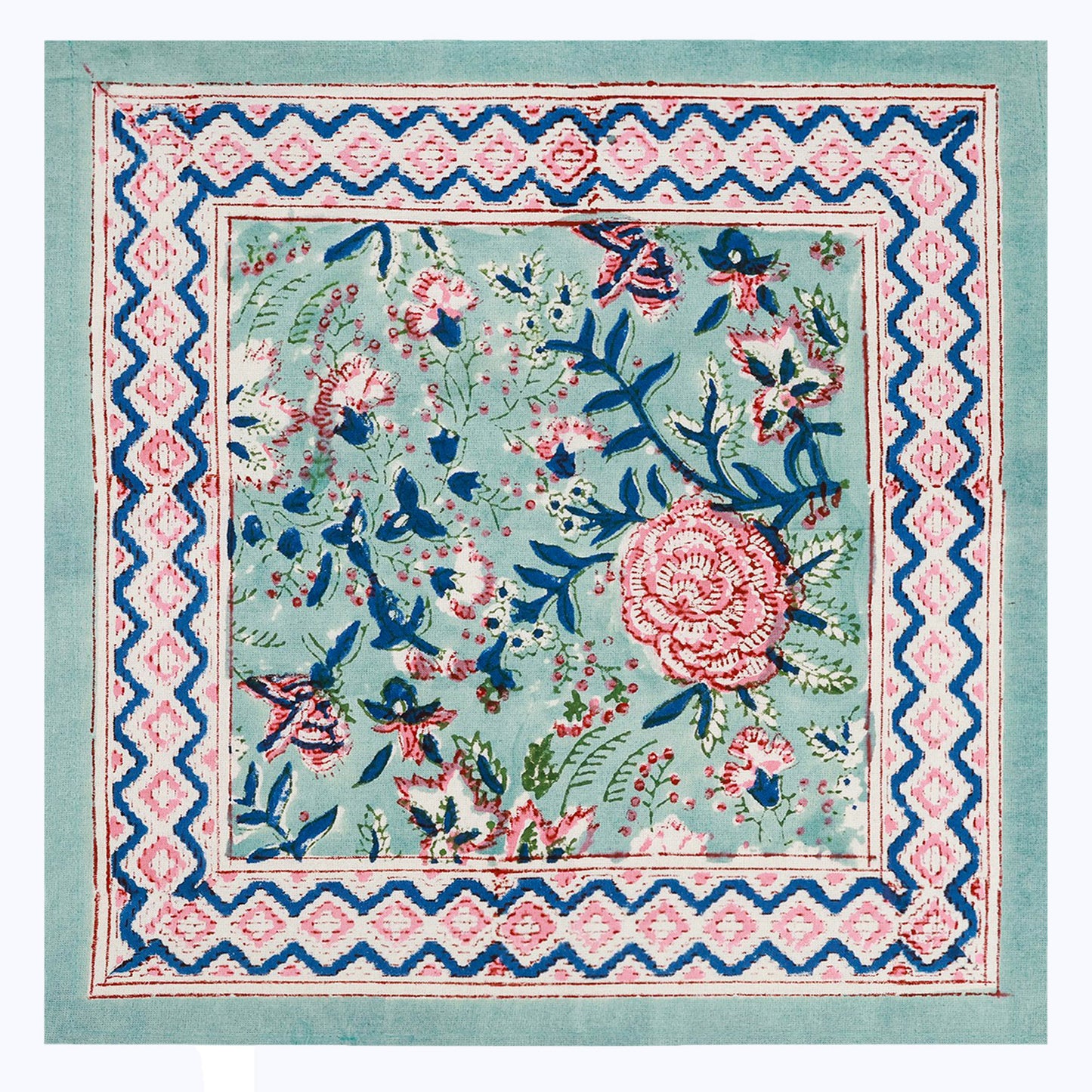 Green With Pink Hand Block Printed Cotton Napkins Set Of 4 - My Store